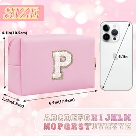 Bolsa de maquillaje con letra inicial personalizada, bolsa de cosméticos con purpurina preppy, Rosa/Blanco-Letra, P