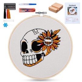 BERYA Skull Embroidery Starter Kits for Beginners, DIY Starters Needlepoint Kits with Skull Flowers Pattern, Including Hoop, Instruction & Video, Printed Cloth, Display Stand, Color Threads, Tools
