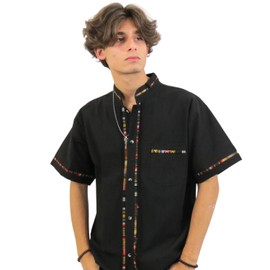 Ethnic Identity Traditional Mexican Toluca Shirt for Men, Guayabera Style Men's Shirts for Summer, Casual, Cultural & Wedding (Black, Large)