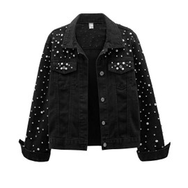 LifeShe Women's Pearls Denim Jacket Cropped Rhinestones Jean Jacket Coat