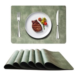 Washed Cowhide Pattern PU Leather Placemats Set of 6 Heat Resistant Kitchen Table Mats,Modern Easy Clean Dining Place Mat, Waterproof Wipeable for Party Decoration Placemats… (Green)