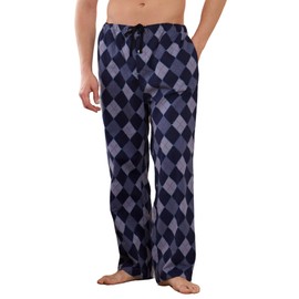 Vulcanodon Mens 100% Cotton Pajama Pants Fleece Plaid Bottoms with Pockets and Button Fly (navy rhombus plaid,XL)