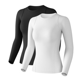 Women's Compression Shirts Long Sleeve Athletic Workout Tops Cool Dry Underscrubs Sun Protection for Gym Yoga Running 2 Pack