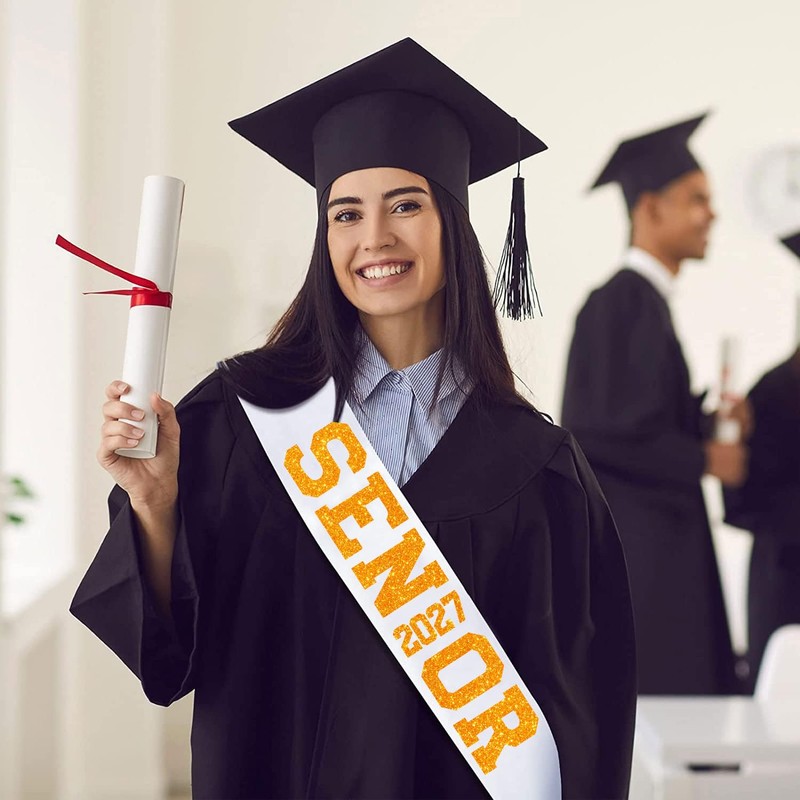 10Pcs White Senior 2027 Satin Sashes with Orange Glitter Letters-