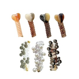 MIVES 7Pcs Heart Design Spiral Telephone Line Wire Hair Ties, Brown & Transparent, 2.3" (6 cm), Pack of 5