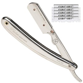 Parker SR1 Stainless Steel Straight Edge Barber Razor – Professional Shavette for Barbers & Home Use with 5 Premium Platinum Half Blades – Replaceable Blade Straight Razor for Close, Smooth Shaves