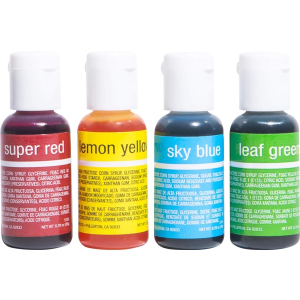 Chefmaster - Primary Colors Liqua-Gel Food Coloring Kit - Water-Based Food Coloring Gel - 4 Pack - Highly Pigmented Gel, Create Vividly Colored Desserts, Easy-To-Blend Formula - Made in the USA