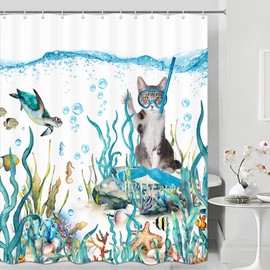 Shocur Funny Diving Cat Shower Curtain, Blue Teal Ocean Animal Fish Sea Turtle Underwater World Scenic, 72 x 72 Inches Polyester Fabric Bathroom Decor Set with 12 Hook