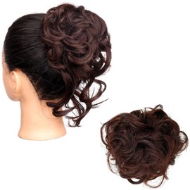 JIRFZUY Messy Bun Hair Scrunchie with Tendrils Tousled Updo Synthetic Hair Extension Wavy Ponytail Hairpiece Curly Women's Hair Piece (2/33#)