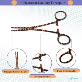 Pet Groomer Dog/Cat Hemostat Forceps 5.5" Hair Puller with STR Serrated Tips Ear Care Multipurpose Ratchet Locking Clamps Made of Stainless Steel Helps in Cleaning Nose Furs, Zebra Pattern Orange