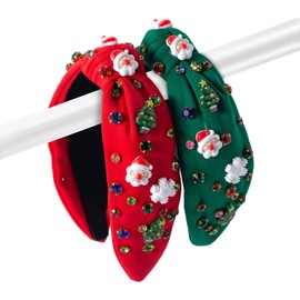 2 Pack Christmas Headband for Women Rhinestone Crystal Jeweled Santa Claus Xmas Tree Snowflakes Embellished Ladies Wide Top Knot Red Green Makeup Hair Hoop Accessory Holiday Party Costume Decor Gifts