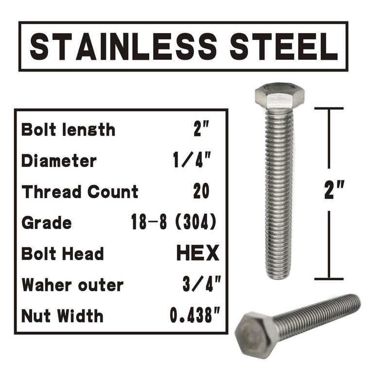 (10 Sets) 1/4-20x2 Stainless Steel Hex Head Screws Bolts, Nuts,