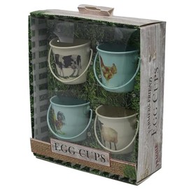 Set of 4 Metal Farm Friend Bucket Design Cockerel Handle Boiled Egg Cups Buckets