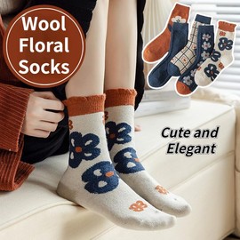 FORJMMP 5/10 Pairs Wool Socks for Women Thick Knit Vintage Cute Floral Crew Socks (5 Pairs-Blue Flowers)