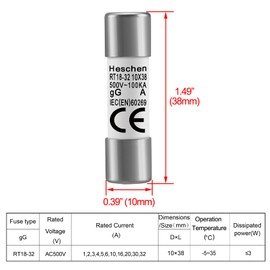 Heschen RT18-32 (RO15) Cylindrical Ceramic Tube Fuse Links 10 * 38mm 10A 500V CE Pack of 10