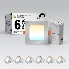 ASD 6 Pack LED Square Recessed Lighting 4 Inch, 5 CCT 2700K-5000K, 12W 50W Eqv, Ultra Thin Dimmable Ceiling Lights with J Box, Canless Wafer Downlight, Slim Panel Light, UL Energy Star, Brushed Nickel