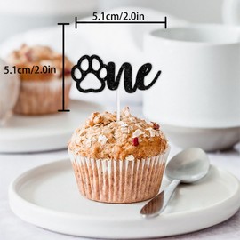 18pcs Black Silhouette Glitter Dog Paw One Dessert Cupcake Topper Pick for Dog Pet Adoption Theme Decor Supplies Baby Shower Boys Girls Happy 1st Birthday Party Decorations