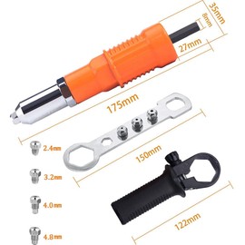 GOOMAND Rivet Tool Riveter Electric Rivet Gun Adapter Nut Riveter Attachment Riveter Riveter Nutter Handle Wrench with Hex Wrench Alloy Steel 0.09 inch (2.4 mm/3.2 mm/4.0 mm/4.8 mm)