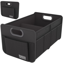 Homeve Trunk Organizer, Car Storage, Reinforced Handles, Collapsible Multi-Compartment, Foldable, Waterproof, Sturdy, 600D Oxford Polyester For Car, SUV, Mini-Van, Black, 2 Compart-Small