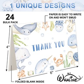 Whaline 24Pcs Under the Sea Thank You Cards Watercolor Marine Animals Theme Greeting Cards with Envelope Stickers Cartoon Blank Note Cards for Birthday Wedding Baby Shower, 4 x 6 Inch