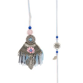Aijani Bhaiya Bhabhi Rakhi with Evil Eye & Lotus Design | Antique Silver Plated Rakhi Set with Beads, Tassels & Leaf Charm | Raksha Bandhan Gift for Brother & Sister-in-Law