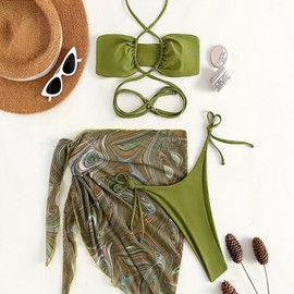 Women's Summer Beach Leisure Underboob Tube Bikini with Metal Jewel Accents XL/Green 5ea