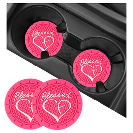 SHMZK 2 PCS Car Cup Holder Coaster, 2.76 Inch Blessed Cross and Heart Vehicle Insert Cup Coasters, Anti-Slip Shockproof PVC Drink Cup Mats for Most Vehicles, Car Accessories (Rose Red)