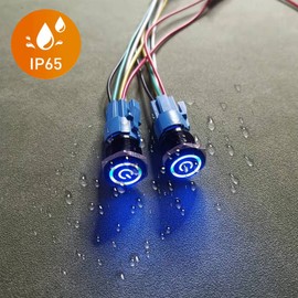 Gebildet Pack of 2 0.63 inch/16 mm Metal Black Pressure Switch 12V-24V 3A Power Symbol LED 1NO1NC SPDT On/Off Waterproof Toggle Switch with Wire Socket Plug (Blue LED)