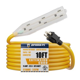 Lighted Outdoor Extension Cord - Heavy Duty Yellow Power Cable Splitter by Journeyman-Pro 5-15P to Three Electrical Outlets (Inline Triple-Tap) 5-15R 15 AMP 125 Volts Short 6' 10' FT (Yellow - 10 FT)