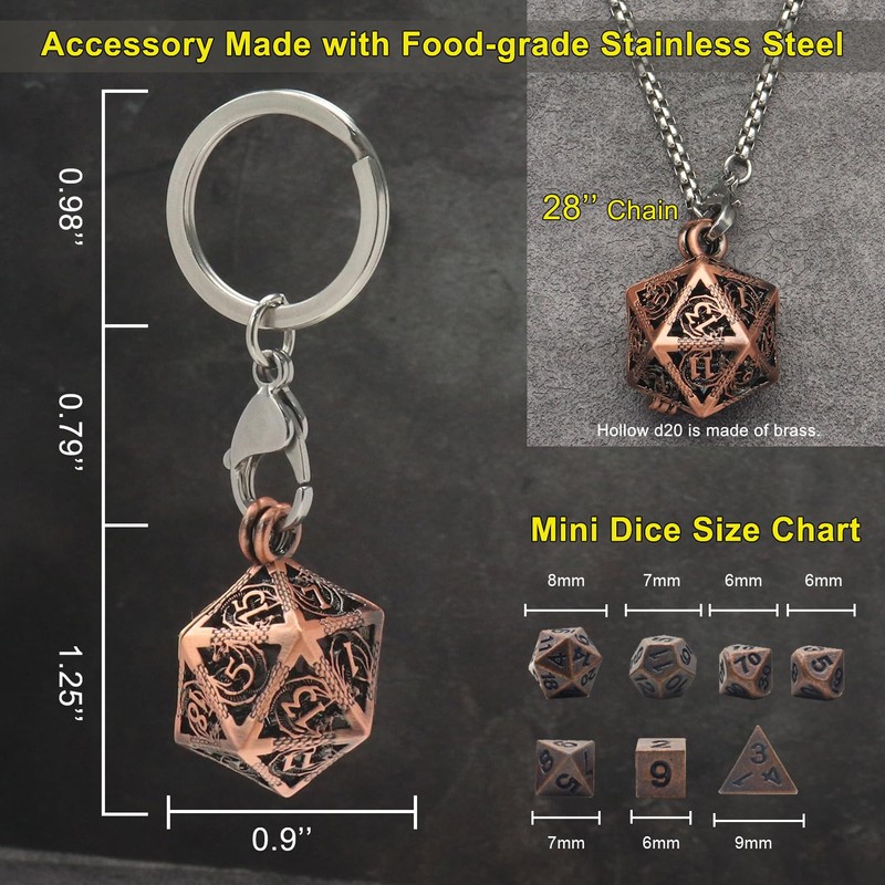 Haxtec Mini Metal DND Dice Set With Copper Hollow D20