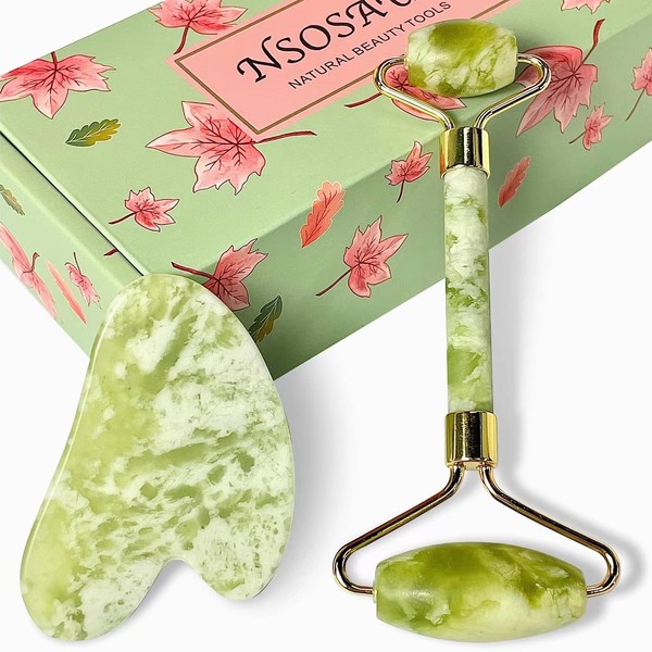 Natural Jade Roller for Face - Face Roller Gua Sha Scrapping - Aging Wrinkles,Puffiness Facial Skin Massager - Premium Authentic Jade Stone (Green)