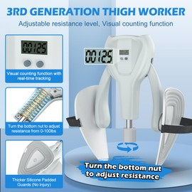 3rd Gen Thigh-Train 0-100 lbs Adjustable Resistance Inner Thigh-Train Exercising Counter with Leg Straps Band Pelvic Floor Kegel Hip Exercise Workout Equipment Pilates Women Men (White)