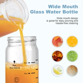 Olivego 10oz Juice Bottles - 4 Pack Wide Mouth Glass Bottles with Lids- BPA Free, Bamboo Lids for Juicing, Smoothies, Infused Water, Beverage Storage - Leakproof, Borosilicate, Clear