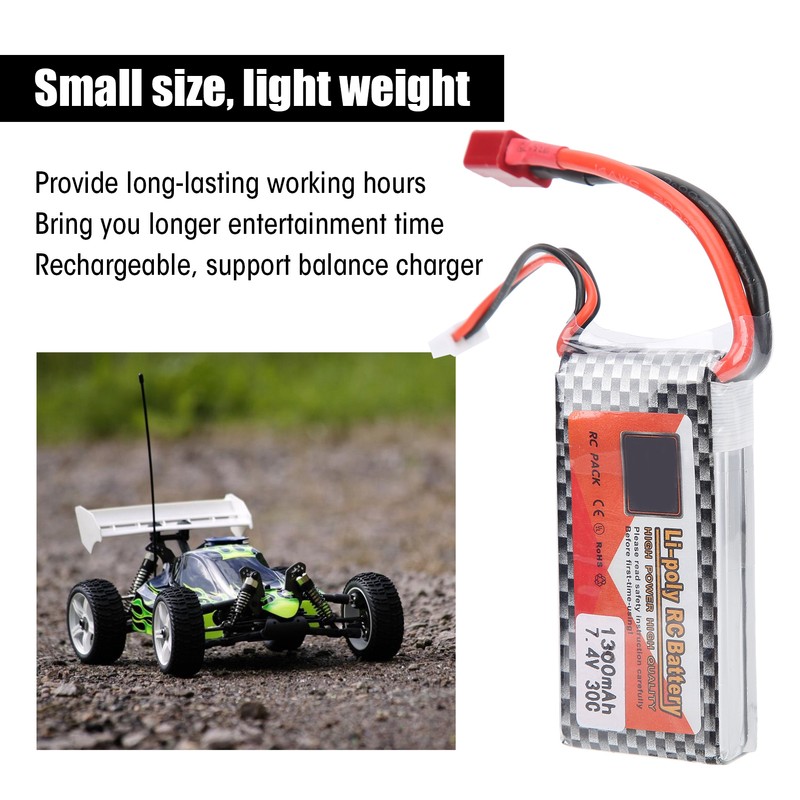 7.4V 1300mAh 30C Lipo Battery with T Plug Rechargeable Lithium