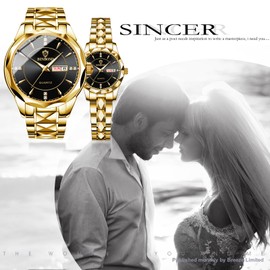 JewelryWe Couple Watches Gift Set: Romantic Pair His and Hers Wrist Watches Gold Black Analog Quartz Dress Waterproof Luminous Calendar Casual Men Women Lovers Wedding Wristwatch