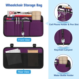 FINPAC Wheelchair Side Storage Bag w/Cup Holder, Wheelchair Armrest Accessories Pouch with Pen Slot and Reflective Strips for Power Walkers, Rollators, Seniors - Purple