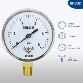 BPSSDI 0-5 Psi Low Pressure Gauge, Capsule Gauge with 304 Stainless Steel Case, 2.5" Dial Size, 1/4" NPT Lower Mount, Zero Adjustment, for Air Water Gas Pressure Test