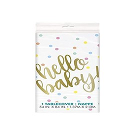 Unique Party 73523 - "Hello Baby" Gold Baby Shower Plastic Tablecloth, 7ft x 4.5ft