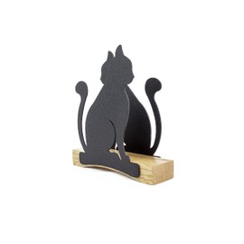 Moderno Servilletero Kitty, color negro, en metal, con base de madera natural, para el hogar, la cocina o la mesa.