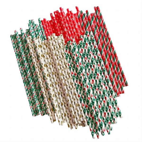 XKWIFO Christmas Paper Straws, 5 Styles Red White Gold Green