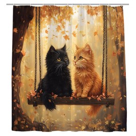 JONSEQIN Fall Cat Shower Curtain Cute Kitten Yellow Orange Maple Leaves Falling Leaf Autumn Funny Animal Rustic Farmhouse Thanksgiving Harvest Forest Bathroom Decor Curtains 70x70 inch with Hook