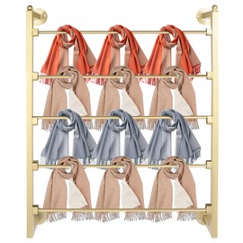 DDBESSIC 5 Tiers Scarf Hanger Wall Mounted Towel Rack, Belt Hanger for Closet Metal Braiding Rack, Ribbon Storage for Craft Room Scarves Stand for Retail Store, Home (Gold)