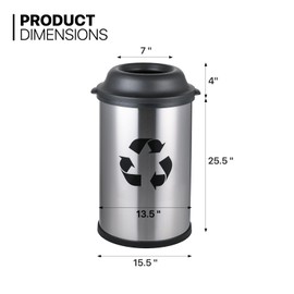 MoNiBloom 13-Gallon Trash Can for Kitchen Bathroom Bedroom Living Room Home Office Dorm Round Fingerprint-Proof Garbage Container Bin Open-Top for Recycling Brushed Stainless Steel 50-Liter