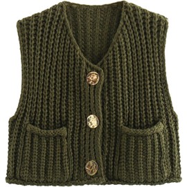 Himosyber Womens Chunky Knit Vest Sleeveless Button Down Cardigan Casual Cropped Crochet Sweater Vest with Pockets (ArmyGreen-L)