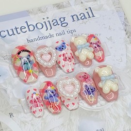 Teddy bear handmade nail tips - Coffin Egg / 테디 곰돌이 수제네일팁 - 코핀에그