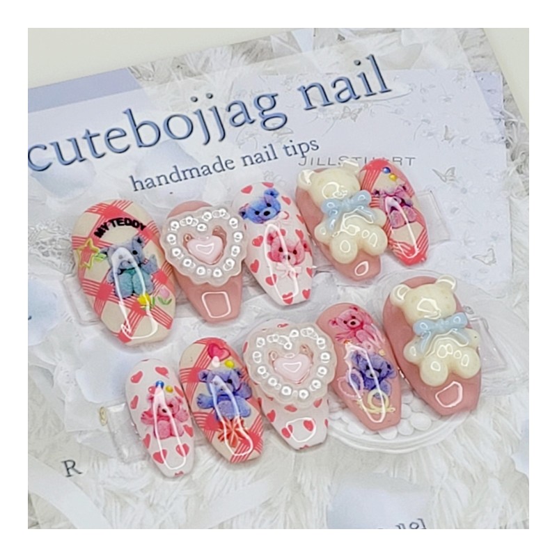 Teddy bear handmade nail tips - Coffin Egg / 테디