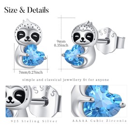 Sloth Earrings Sapphire Stud Earrings Sloth Gifts S925 Sterling Silver Blue Cubic Zirconia Heart Stud Earring Aquamarine Stud Sloth Jewelry Gifts for Women Teen