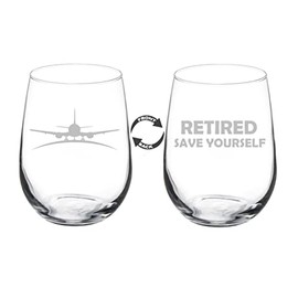 MIP Wine Glass Goblet Two Sided Retirement Gift Airplane Pilot Flight Attendant Retired Save Yourself (17 oz Stemless)