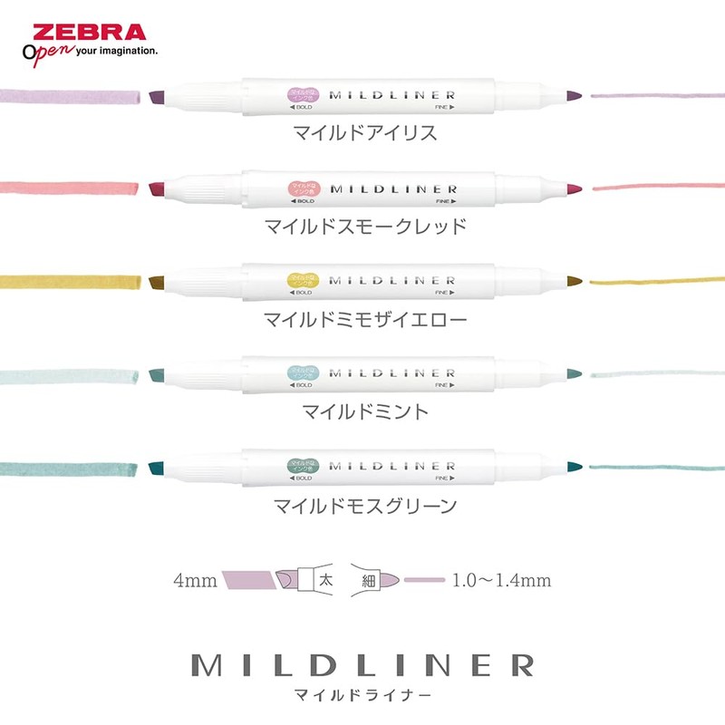 Zebra Highlighter, Mildliner, Settle Mild, Set of 5 Colors, WKT7-5C-OT