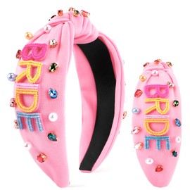 SuPoo Pink Bridal Headband for Wedding Bride Headband Jeweled Knotted Headband Rhinestones Embellished Hairbands Beads Pearl Wide Top Knot Headpiece Hair Accessory for Bachelorette Party Bridal Shower